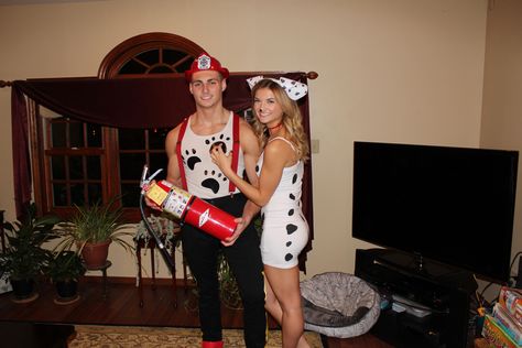 Fireman And Dalmatian Costume Couple, Firefighter And Dalmatian Costume Couple, Halloween Costume Firefighter, Dalmatian Dog Costume, Couple Halloween Costume, Dalmatian Costume, Costume Couple, 18th Birthday Party Themes, Firefighter Family