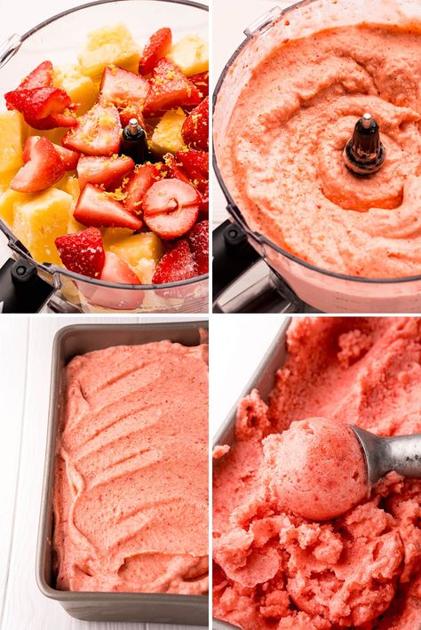 How To Use Frozen Pineapple, Strawberry And Pineapple Dessert, Strawberry Pineapple Dessert, Frozen Pineapple Recipes, Pineapple Sorbet Recipe, Strawberry Sorbet Recipe, Leftover Strawberries, Homemade Sorbet, Sherbet Recipes