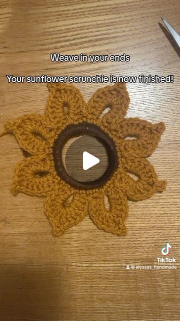 How To Crochet A Sunflower, Crochet Sunflower Plush Pattern Free, Crochet Scrunchies Video, Large Crochet Sunflower, Sunflower Scrunchie Crochet, Big Sunflower Crochet, Hair Ties Tutorial, Sunflower Scrunchie, My Sunflower