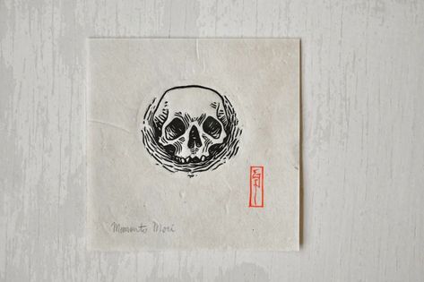 Memento Mori Linoprint Human Skull - Etsy France Linocut Techniques, Textured Backdrop, Engraving Tattoo, Florist Logo, Lino Art, Stamp Carving, Work Flow, Linocut Art, Relief Print