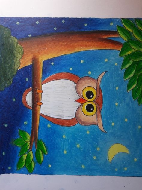 Owl drawing Subject Drawing Student, Drawing For Class 5 Students, Basic Oil Pastel Drawings, Owl Drawing Easy, Easy Owl Drawing, Owl Drawing Simple, Bird Drawing For Kids, Owl Sketch