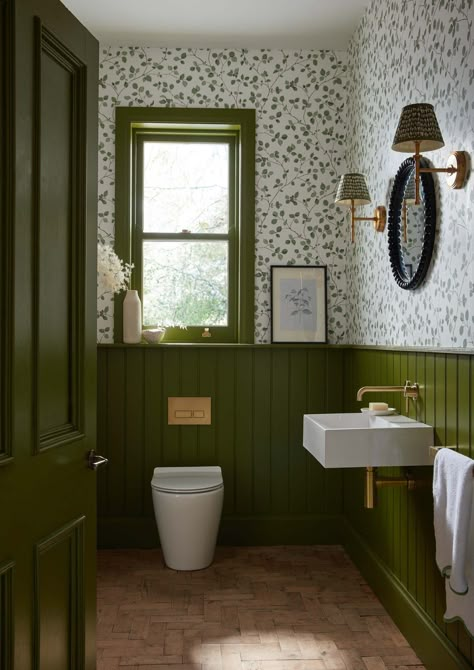 Small Downstairs Toilet, Jewel Beetle, Bathroom Paneling, Toilet Room Decor, Soothing Color Palette, Stylish Wallpaper, Downstairs Loo, Cottage Bathroom, Small Toilet