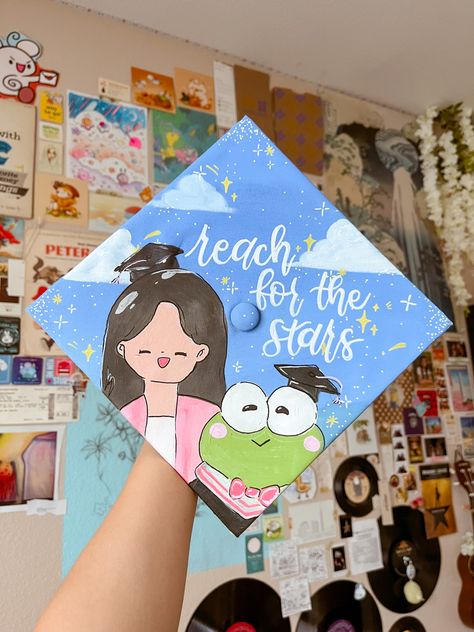 "reach for the stars" sanrio inspired cap - keroppi the frog high school and college senior year graduation cap/hat inspiration, made with acrylic paint + graduation quote, school celebration, senior gift Miffy Graduation Cap, Sanrio Graduation Cap, College Senior Year, Senior Year Graduation, College Grad Cap Ideas, Grad Cap Decorated, Hat Inspiration, High School Graduation Cap, Senior Crown