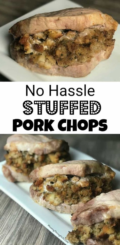 collage of stuffed pork chop made with a box of stuffing and text Butterflied Pork Chops, Easy Stuffed Pork Chops, Baked Stuffed Pork Chops, Pork Cooking Temperature, Mom Meals, Stuffed Pork Chops, Best Pork Recipe, Pork Chop Recipe, Easy Pork Chops