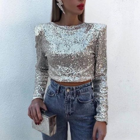 Sequin Long Sleeve Crop Top for Women Round Neck Glitter Shiny Party T-shirt Party Culb Basic Tops