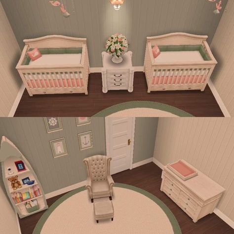 Soft pink and green nursery for twins Bloxburg Nursery Ideas Twins, Sims 4 Twin Nursery, Baby Room Sims 4, Sims 4 Twins Bedroom, Nursery For Twins, Twin Baby Rooms, Pink And Green Nursery, Casas The Sims Freeplay, Lotes The Sims 4