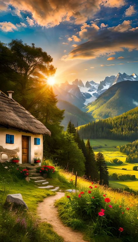 Beautiful Landscape Photography, Scenery Photography, Scenery Pictures, Pretty Landscapes, Small Cottage, Beautiful Images Nature, Nature Art Painting, Beautiful Landscape Wallpaper, Fantasy Art Landscapes