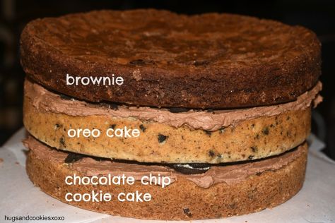 Brookie Cookie Triple Layer Cake Cookie Cake Layer Cake, 3 Layer Cookie Cake, Cookie Layer Cake Recipe, Triple Layer Cookie Cake, Layered Brownie Cake, Brookie Cake Recipe, Brookie Birthday Cake, Brownie Cookie Cake Birthday, Cookie Brownie Cake