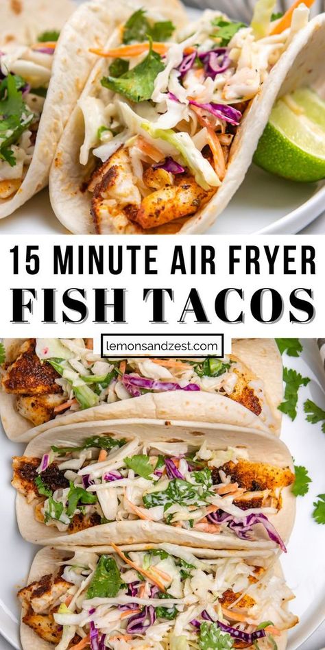 Air Fryer Fish Tacos With Cilantro Lime Slaw, Airfry Shrimp Taco, Fish Ideas For Dinner Meals, Camping Crockpot Ideas, Air Fried Tilapia Tacos, One Basket Air Fryer Meals, Fish Tacos In Air Fryer, Semi Healthy Dinner Recipes, Cod Tacos Air Fryer