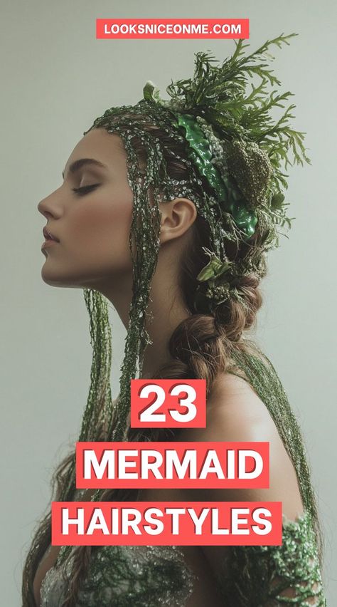 For a more editorial mermaid look, slick your hair back from your face using gel to create a wet, fresh-out-of-the-water appearance. This is a chic and modern take on the mermaid hairstyle, perfect for themed fashion events or photo shoots. Mermaid Hair Inspiration, Mermaid Updo, Mermaid Hairstyle, Mermaid Hairstyles, Scary Mermaid, Large Barrel Curling Iron, Mermaid Hair Accessories, Mermaid School, Mermaid Look