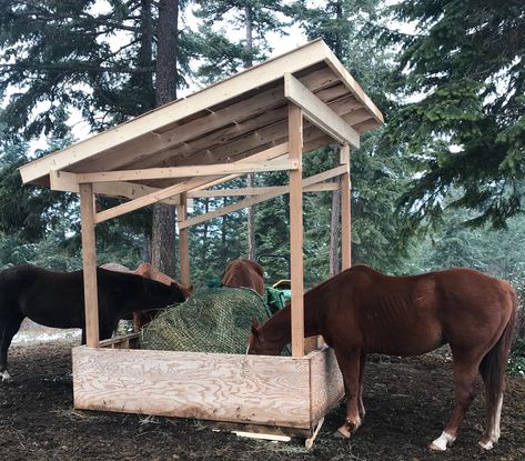 Round bale feeder with slow feeder hay net. Large Bale Hay Feeder, Hay Hut For Horses, Round Bail Hay Feeder, Diy Round Bale Feeder Horses, Diy Round Bale Feeder, Diy Hay Bales, Slow Feeders For Horses, Round Bale Feeder Diy, Diy Hay Feeder For Horses