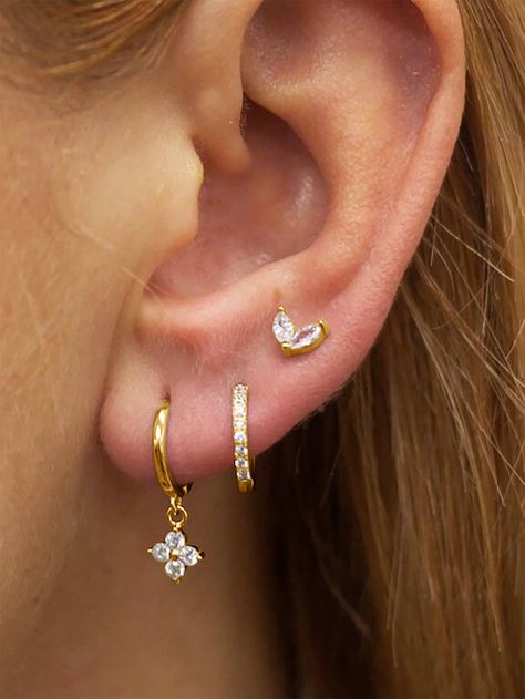 Yellow Gold Fashionable Collar     Embellished   Women Fashion Jewelry Simple Gold Earrings For Daily Use, Simple Ear Piercings, Third Ear Piercing, Third Piercing, Second Ear Piercing, Trendy Stud Earrings, Flower Style, Big Hoop Earrings, Earring Sets