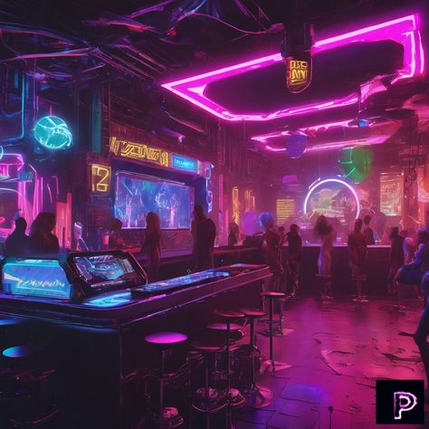 Dive into the electric energy of a neon punk nightclub, where neon lights and holographic displays set the scene. 🎶🔊   What vibrant nightlife will your art illuminate today?   #AI #Art #PicassoAIArt #NeonPunk #Nightclub #Futuristic Club Scene Nightclub, City Punk Aesthetic, Neon Stage Design, City Neon Aesthetic, Neon Club Aesthetic, Night Club Illustration, Neon Noir Aesthetic, Neon Bar Aesthetic, Futuristic Nightclub