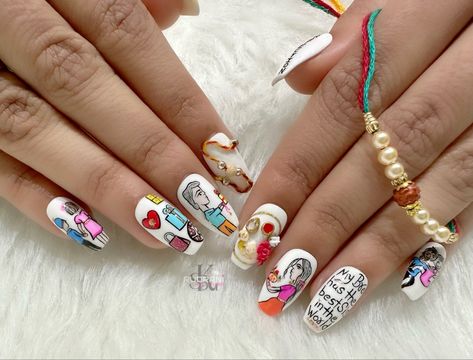 Rakhi Nail Art Rakshabandhan Nail Art Designs, Rakhi Nails Design, Raksha Bandhan Nail Art Design, Rakshabandhan Nail Art, Rakhi Nail Art, Glitter French Nails, Nail Display, Beauty Salon Posters, Festive Nails