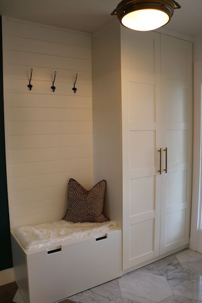 Ikea Linen Closet Hack, Small Entryway Built In Ideas, Front Entrance Storage, Front Entry Storage, Front Door Mudroom Entryway, Entryway Wardrobe, Entryway With Storage, Ikea Mud Room, Garage Entryway