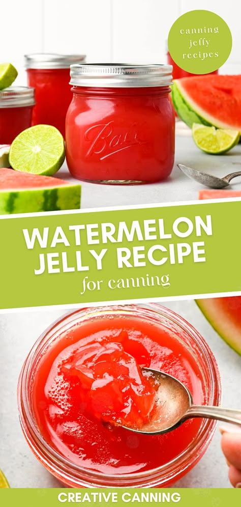 If you're looking to dive into the world of homemade jelly, you'll love this Easy Watermelon Jelly Recipe. Harness the power of canning fruit recipes to keep the essence of summer within your reach all year long. This recipe will guide you in transforming a juicy watermelon into a jar of sublime jelly using the tried-and-true method of water bath canning. Great for beginners, it's an ideal first step on your canning journey. Watermelon Canning Recipes, Watermelon Jelly Recipe, Canning Jelly Recipes, Canning Fruit Recipes, Canning Jelly, Fruit Jelly Recipe, Recipes For Canning, Watermelon Jam, Canning Jam Recipes