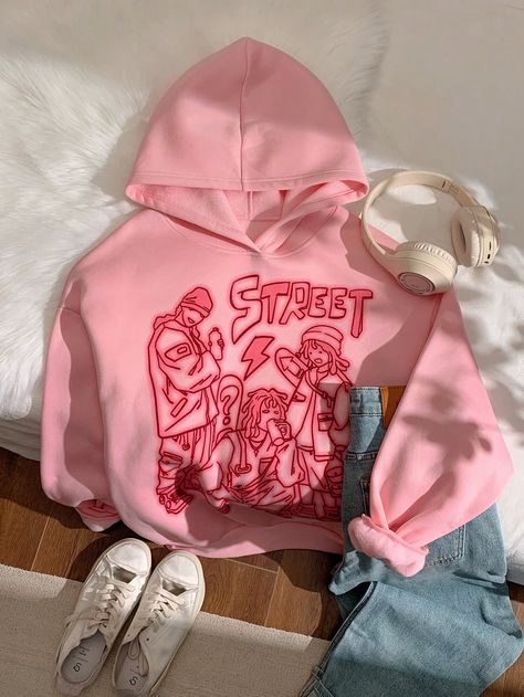 Pink Long Sleeve Hooded Simple Graffiti Print Sweatshirt, Daily Casual Pink Casual  Long Sleeve Polyester Figure,Letter Pullovers Non-Stretch  Women Clothing, size features are:Bust: ,Length: ,Sleeve Length: Simple Graffiti, Drop Shoulder Tee, Rose Bonbon, Lined Hoodie, Photo Insta, Graffiti Prints, Casual Athletic, Pink Long Sleeve, Print Sweatshirt