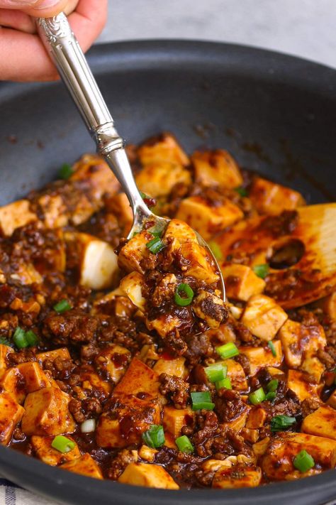 Bean Curd Szechuan Style (Mapo Tofu) Bean Curd Recipe, Chinese Salads, Stir Fry Beans, How To Make Beans, Chinese Salad, Szechuan Recipes, Sichuan Food, Fried Beans, Chinese Stir Fry