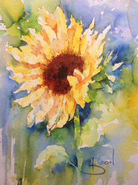 Joanne Boon Thomas Sun Flower Watercolor, Art Kid Aesthetic, Rolled Magazine Art, Sunflower Watercolor Painting, 3x3 Cards, Sketchbook Challenge, Sunflower Watercolor, Sky Art Painting, Watercolor Flowers Tutorial