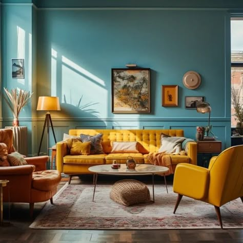 Blue And Yellow Interior, Blue Yellow Interior, Yellow And Blue Living Room, Mustard Yellow Living Room, Blue And Mustard Living Room, Blue Green Walls, Photoshoot Wall, Mustard Yellow Accents, Vintage Lake House