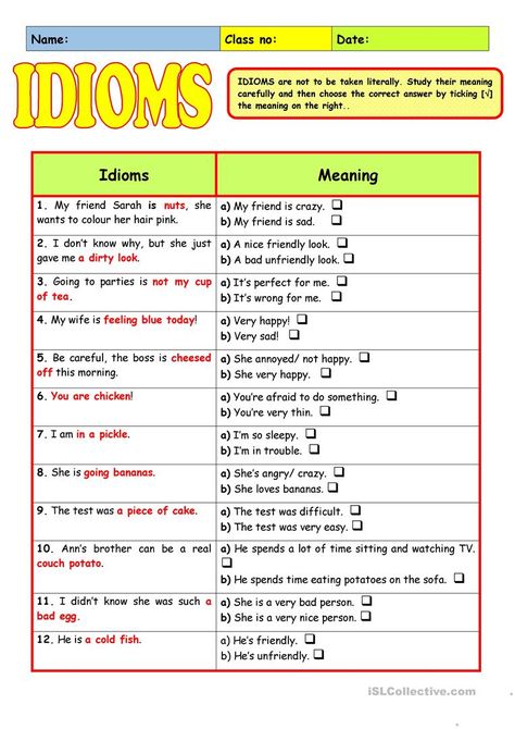 Idioms Exercises, Esl Advanced, Idioms Worksheet, Idioms Activities, English Language Learning Activities, English Grammar Exercises, Idiomatic Expressions, Grammar Exercises, Idioms And Phrases