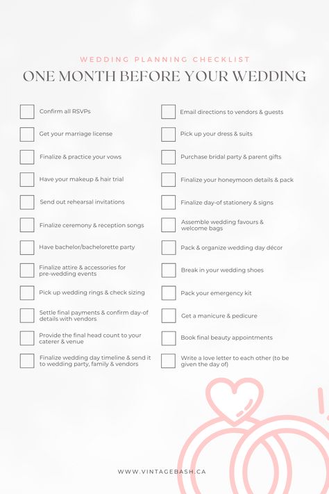 one month before wedding checklist One Month Before Wedding, Wedding Countdown Checklist, 30 Day Countdown, Writing Vows, Wedding Checklist Detailed, Night Before Wedding, Wedding Checklists, Wedding Day Schedule, Day Countdown