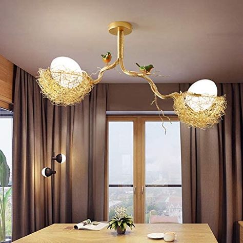 LITFAD 2 Lights Woven Nest Chandelier Light Contemporary Metal and White Glass Pendant Lamp with Bird Accents Creative LED Hanging Ceiling Light Fixtur for Dining Room Living Room Restaurant - - Amazon.com Glass Ball Chandelier, Art Deco Color, Glass Ball Pendant Lighting, Ball Chandelier, Ball Pendant Lighting, Classic Chandelier, Modern Birds, Nature Inspired Decor, Art Deco Chandelier