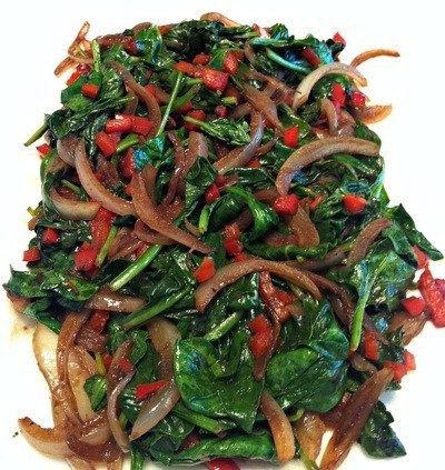 Balsamic Spinach Saute - The Complete Savorist Sauted Spinach Recipes, Balsamic Spinach, Red Bell Peppers, Sauteed Spinach, Leafy Vegetables, Spinach Recipes, Eggplant Recipes, Mediterranean Diet Recipes, It Goes On