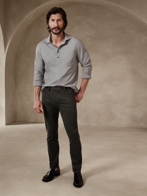 We updated our best-selling Traveler pant, keeping the same high-stretch comfort, but adding a more pronounced twill texture to the fabric.  Skinny Fit: Low rise.  Skinny fit.  13" leg opening.  Organic: Made with certified, organically grown cotton that's easier on the earth.  Fabric from Italy's Olimpias mill.  Zip fly with button closure.  Belt loops.  Five-pocket styling.  Skinny Fit: Low rise.  Skinny fit.  Leg opening: 13" Inseams: Short 29", Regular 31", Long 33" Model: Size 32x32, 6'2" ( Sales Rep Outfit Men, Mens Casual Business Attire, Charcoal Pants Outfit Men, Mens Business Fashion Modern Gentleman, Casual Suit Men, Men Business Casual Outfits Work Attire, Corporate Casual Outfits, Men's Business Casual, Mens Fall Fashion Casual