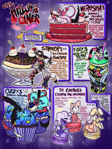 Diner Menu, Boss Wallpaper, Monster Hotel, Ange Demon, Cute Food Drawings, Cute Food Art, Rms Titanic, Food Drawing, Food Themes