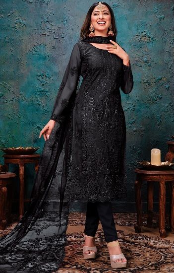 Black Net Embroidered Salwar Suit Black Churidar, Black Salwar Suit, Black Salwar, Black Salwar Kameez, Dupatta Embroidery, Designer Suits Online, Embroidered Salwar, Salwar Suit Designs, Straight Suit