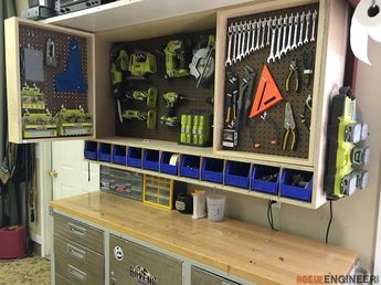 DIY Pegboard Tool Storage Wall Unit | Free Plans | RogueEngineer Ryobi Tool Storage, Officine In Garage, Garage Organization Shelves, Garage Workshop Layout, Garage Organization Systems, Garage Organisation, Garage Workshop Organization, Tool Storage Cabinets, Workshop Layout