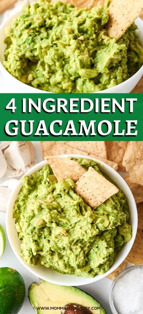 simple homemade guacamole recipe with only 4 ingredients. No cilantro, tomato or onion, only made with ripe avocado, lime, garlic & salt. Guacamole Recipe No Onion, Salsa No Onion, Guacamole Recipe No Tomato, Guacamole Recipe Without Cilantro, Guacamole Recipe Without Tomato, Quick Guacamole, Guac Recipe, Homemade Guacamole Recipe, Guacamole Recipe Easy