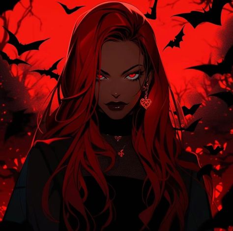 Dark Skin Red Hair Character Art, Redhead Pfp, Art Pfps, Red Hair Cartoon, Black Vampire, Black Pfp, Female Artwork, Discord Pfps, Instagram Cartoon