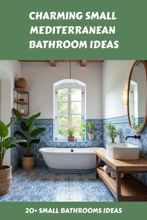 Discover how to transform your small bathroom into a stunning Mediterranean oasis! From intricate tile patterns to calming color palettes, see inspiring designs that maximize space while adding a touch of elegance. Perfect for creating a relaxing retreat in your home, these ideas will help you capture the essence of Mediterranean style without sacrificing functionality. Bathroom Ideas Mediterranean Style, Modern Mediterranean Bathroom Tile, Mediterranean Style Tiny House, Blue Mediterranean Bathroom, Small Mediterranean Bathroom, Mediterranean Tiles Bathroom, Mediterranean Tile Bathroom, Portuguese Tiles Bathroom, Portuguese Bathroom