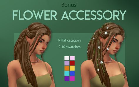 Feral Poodles Sims Sims 4 Cc Boho Hair, Ts4 Maxis Match Cc, Maxis Match Cc, Nature Witch, Wild Hair, Big Gifts, Boho Hairstyles, Flower Accessories, Sims 4 Cc