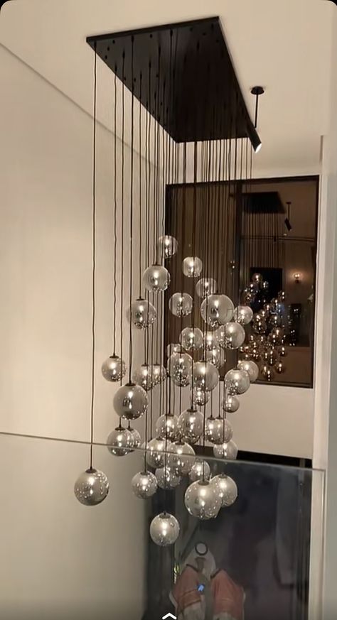 Double Height Chandelier, Light Feature, Double Height, Drop Lights, Balloon Decorations, Lighting Design, Chandeliers, Stairs, Ceiling Lights