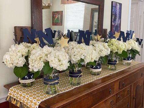 Navy And Gold Banquet Decorations, Navy And Gold Grad Party, Scholarship Luncheon Decor, Promotion Centerpiece Ideas, Police Banquet Centerpieces, Navy Blue Table Centerpieces, Blue And Gold Graduation Decorations, Centerpieces Retirement Party, Blue Retirement Party Decorations