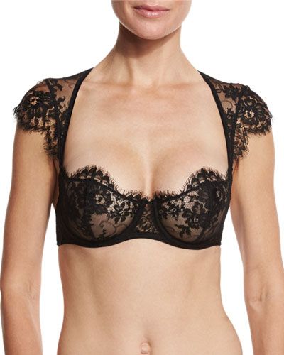 I0V9H I.D. Sarrieri Jamais Le Premier Soir Cap-Sleeve Balconette Bra, Black Pretty Bras, Lingerie Inspiration, Balconette Bra, Pretty Lingerie, Luxury Lingerie, Beautiful Lingerie, Bustiers, Bras And Panties, Black Lingerie