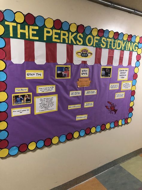 My August RA bulletin board was Friends-themed and featured study tips! Ra Bulletins, Ra Bulletin Boards, Resident Assistant, Bulletin Boards, Study Tips, Bulletin Board