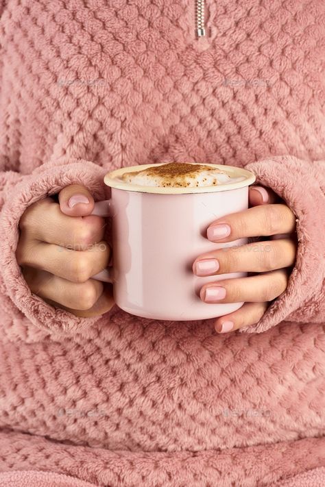 hands holding cup of chocolate, pink home cozy jacket, beautiful by Natabuena. hands holding cup of chocolate, pink home cozy jacket, beautiful pink manicure, home style, autumn morning, close up,... #Sponsored #pink, #home, #cozy, #chocolate Mugs Photoshoot Ideas, Drinking Hot Chocolate Pose, Holding Mug Aesthetic, Holding Mug Reference, Hand Holding Mug, Winter Fairies, Hand Modeling, Disposable Camera Wedding, Coffee Winter