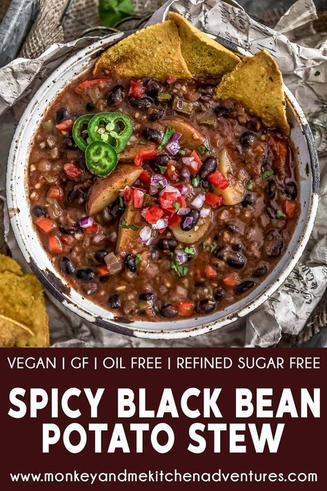 This comforting and flavorful Spicy Black Bean Potato Stew is easy to make and filled with creamy black beans, hearty potatoes, and aromatic spices. #wholefoodplantbased #vegan #oilfree #glutenfree #plantbased | monkeyandmekitchenadventures.com Black Bean Potato, Monkey And Me Kitchen Adventures, Monkey And Me, Bean Dishes, Slow Cooker Black Beans, Diet Soup, Potato Stew, Wfpb Recipes, Stewed Potatoes