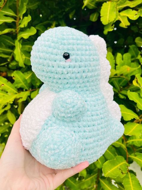 Blue Chubby Dinosaur Plushie - Handmade Crochet Amigurumi - Blue Dino - Blueberry Dinosaur #crochetpattern #crochetpatternsamigurumi #crochetamigurumi #cuteamigurumi #crochetplushies Crochet Practice, Dino Plushie, Dinosaur Plushie, Crochet Toys Free Patterns, Crochet Toys Free, Crochet Animal Amigurumi, Easy Crochet Animals, Velvet Yarn, Crochet Plushies