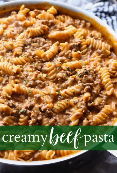 Creamy Beef Pasta Recipe is an easy pasta dish that is perfect for weeknight dinners. It's made in 30 minutes or less and is cheesy, and packed with flavor! Like homemade hamburger helper...but better! #cookiesandcups #pastarecipe #dinner #easydinner #recipe #30minutedinner #pastarecipes #beefpasta Creamy Beef Pasta, Creamy Food, Shake Recipes Healthy, Pasta Healthy, Beef Pasta Recipes, Food Beef, Pasta Cremosa, Homemade Hamburger, Healthy Pasta