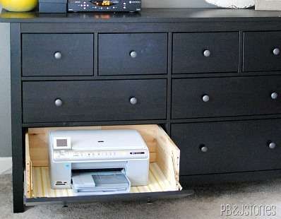 Hide A Printer In A Hinged Drawer | Lifehacker Australia Printer Drawer, Old Window Shutters, Printer Cabinet, Stencil Graffiti, Messy Desk, Cabinet Drawer, Cabinet Drawers, Ikea Hack, Dresser Drawers