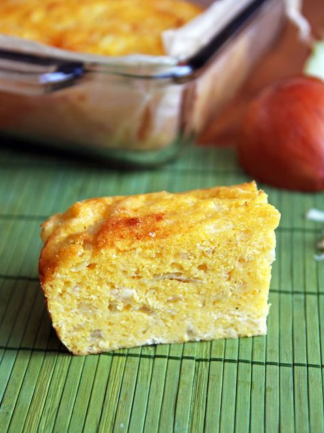 Sopa Paraguaya – Cheese and Onion Cornbread Onion Cornbread Recipe, Paraguay Recipes, Paraguayan Recipes, Vidalia Onion Cornbread, Sweet Vidalia Onion Cornbread, Paraguayan Food, Portuguese Corn Meal Bread, Onion Cornbread, Cornbread Dishes