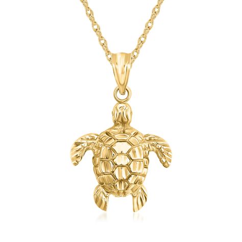 Ross-Simons - 14kt Yellow Gold Turtle Pendant Necklace. 18". A favorite animal among ocean lovers, turtles also represent wisdom and spirituality in many cultures. Embrace these sentiments with our stylish 14kt yellow gold turtle pendant necklace. Rope chain with a 2" extender. Springring clasp, 14kt yellow gold turtle pendant necklace. Gold Turtle Necklace, Gold Ocean Jewelry, Dr Accessories, Fantasy Jewellery, Necklace Rope, Ocean Necklace, Crochet Frog, Animal Pendant, Ocean Jewelry