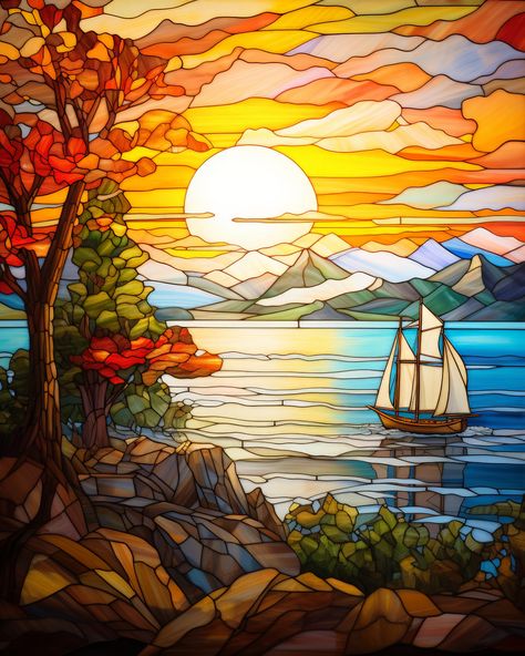 Spectacular Stained Glass Schooner Sunset Print - Nautical Art for Tranquil Home Decor Stained Glass Beach Scenes, Stained Glass Patterns Free Printables Templates Ocean, Nerdy Stained Glass Patterns, Stained Glass Landscape, Tranquil Home, Sunset Tattoos, Pool Stuff, Stained Glass Quilt, Stained Glass Patterns Free