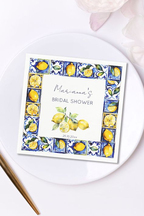 Amalfi Sicilian Majoica blue tiles lemons bridal shower tableware personalized napkins citrus themed Majolica Tiles, Bridal Shower Napkins, Italian Theme, Themed Bridal Shower, Personalized Napkins, Printed Napkins, Blue Tiles, Monogram Prints, Personalized Decor