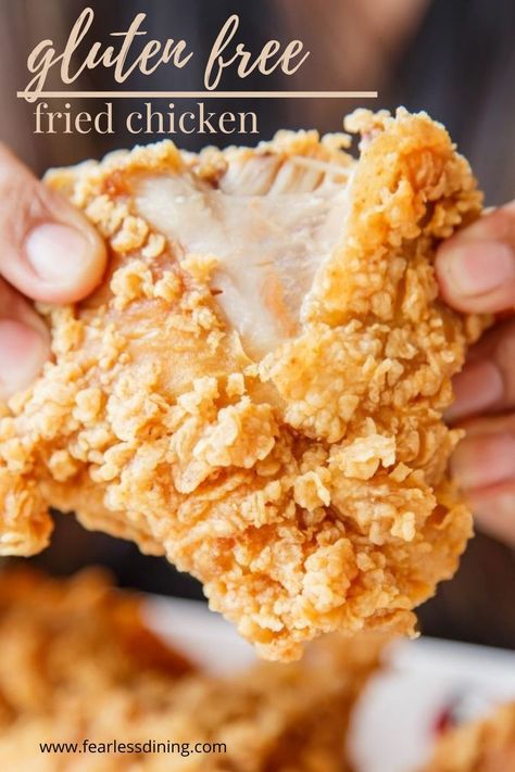 Tearing a piece of gluten free fried chicken in half. Gluten Free Picnic, Gluten Free Fried Chicken, Fried Chicken Batter, Cooking Fried Chicken, Chicken Batter, Fried Steak Recipes, Making Fried Chicken, Gluten Free Biscuits, Drumstick Recipes